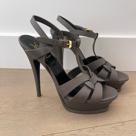 YSL Tribute Platform Sandals in Grey Smooth Leather Size US 9 EU 39 - Picture 3 of 6